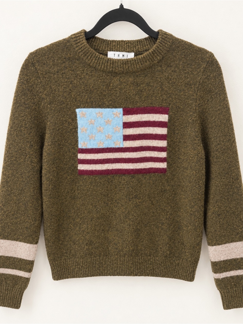 THML Olive Green American Flag Knit Crewneck Sweater XS Like New